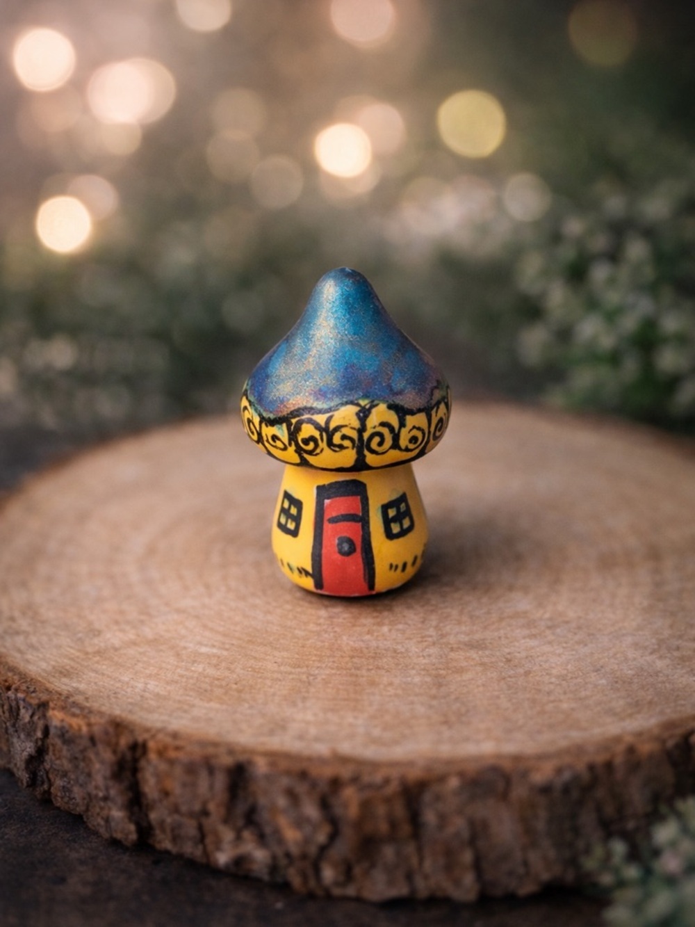 Hand Crafted Yellow Mushroom Cottage with Blue Shimmer Roof